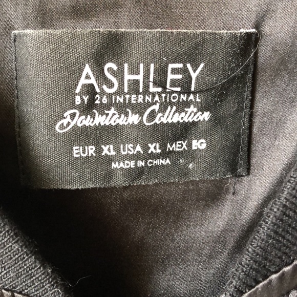 ASHLEY 26 International • Black Satin Baseball Style Bomber Jacket w/ Pink Trim - Picture 3 of 11